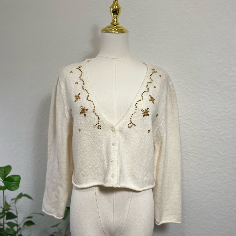 Canyon River Blues Embellished Cropped Cardigan | Beaded Floral Design